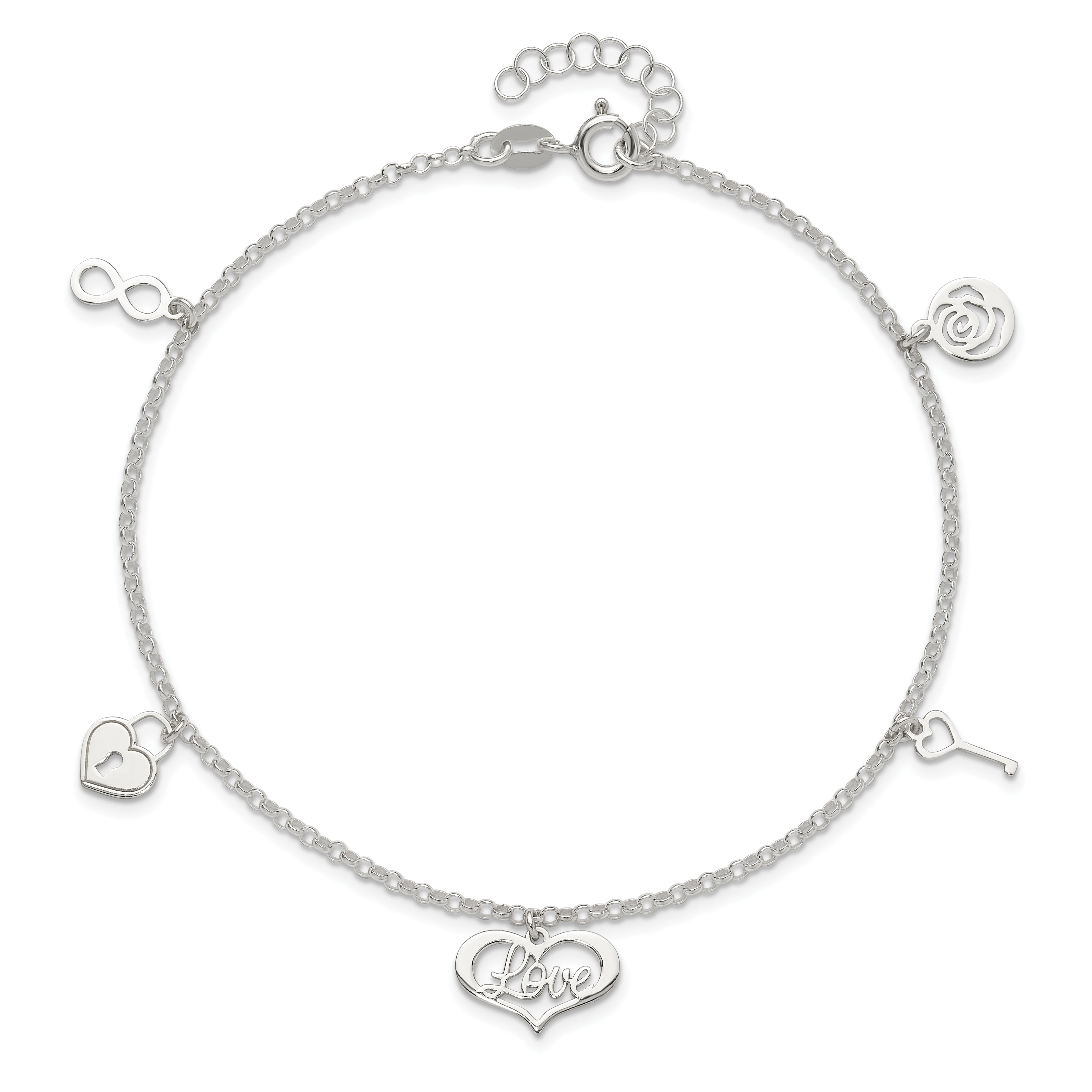 Sterling Silver Love Themed Dangles 9In Plus 1In Ext. Anklet