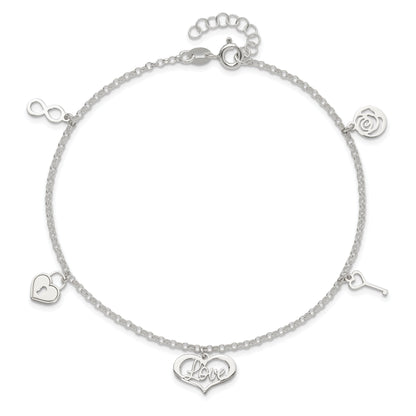 Sterling Silver Love Themed Dangles 9In Plus 1In Ext. Anklet