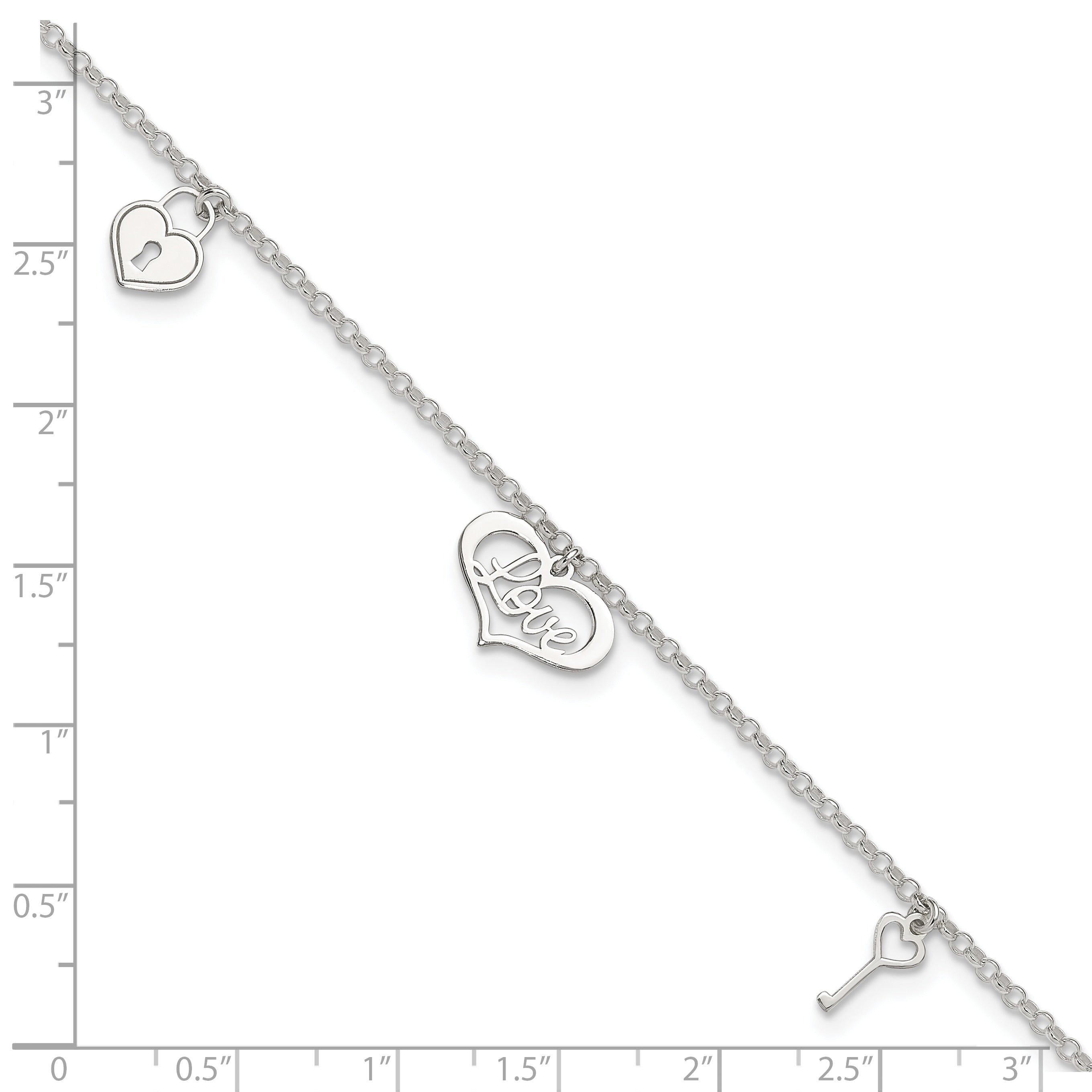 Sterling Silver Love Themed Dangles 9In Plus 1In Ext. Anklet