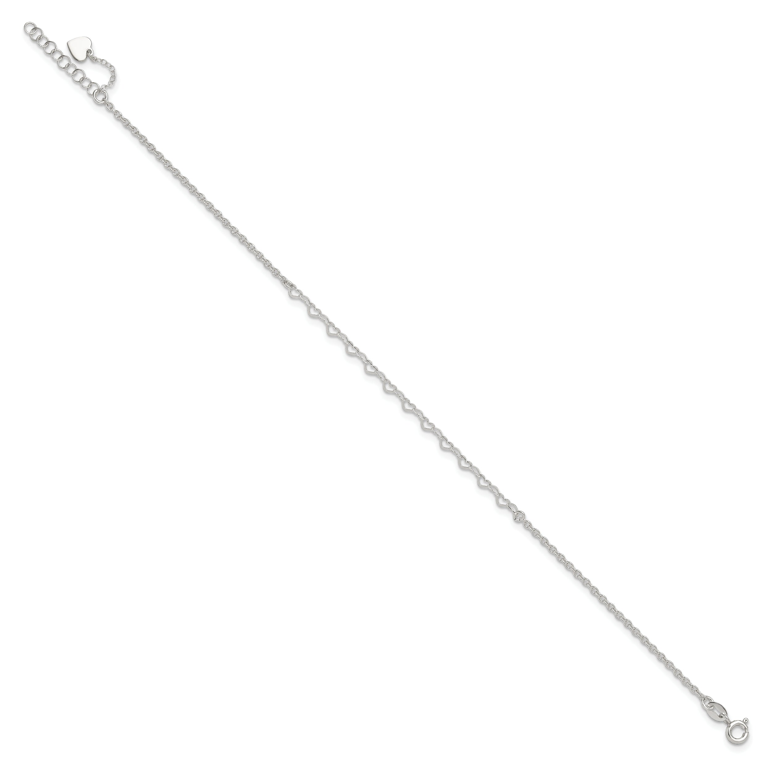 Sterling Silver Heart Charm 9In Plus 1In Ext. Anklet