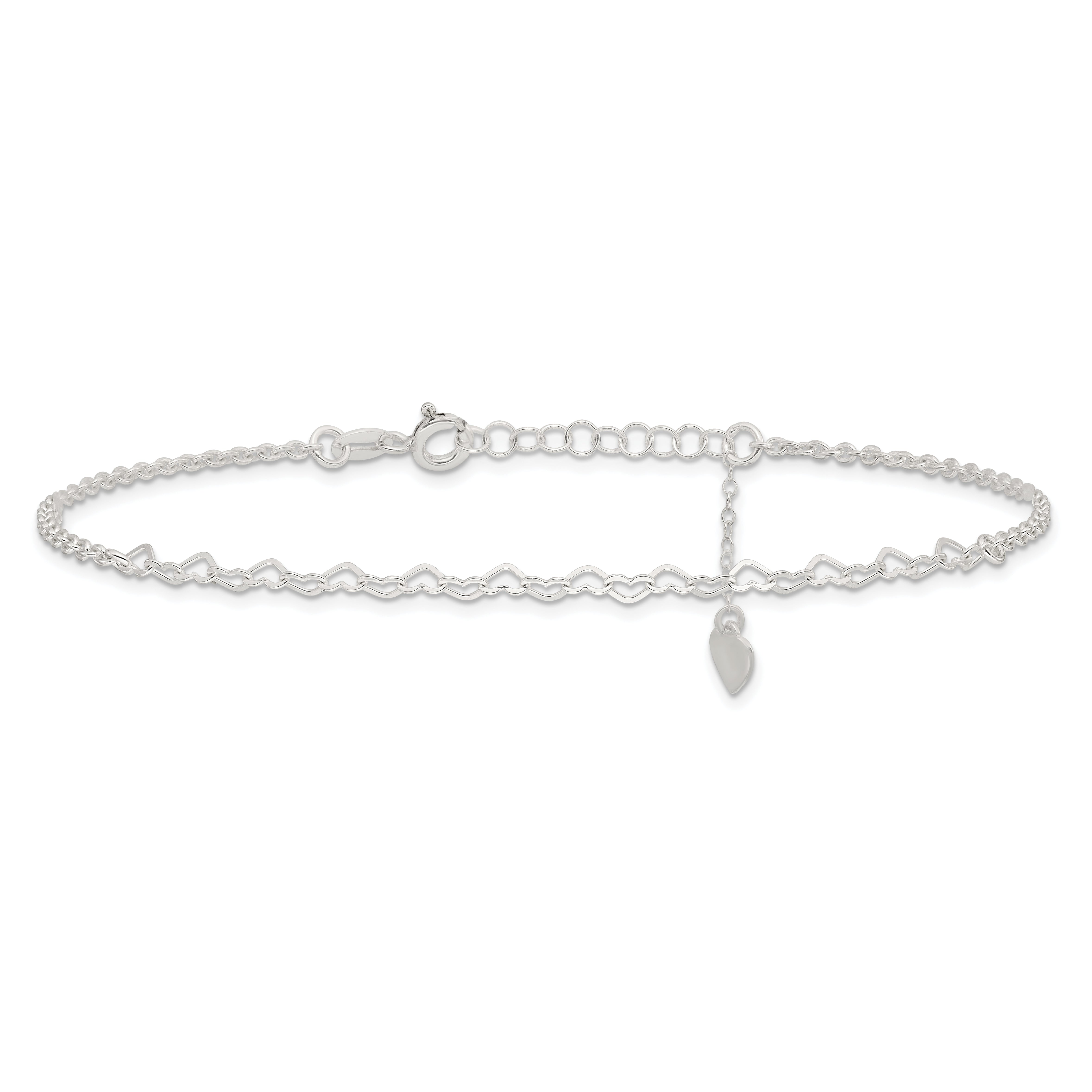 Sterling Silver Heart Charm 9In Plus 1In Ext. Anklet
