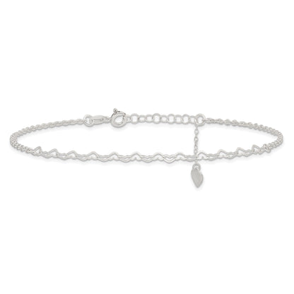 Sterling Silver Heart Charm 9In Plus 1In Ext. Anklet