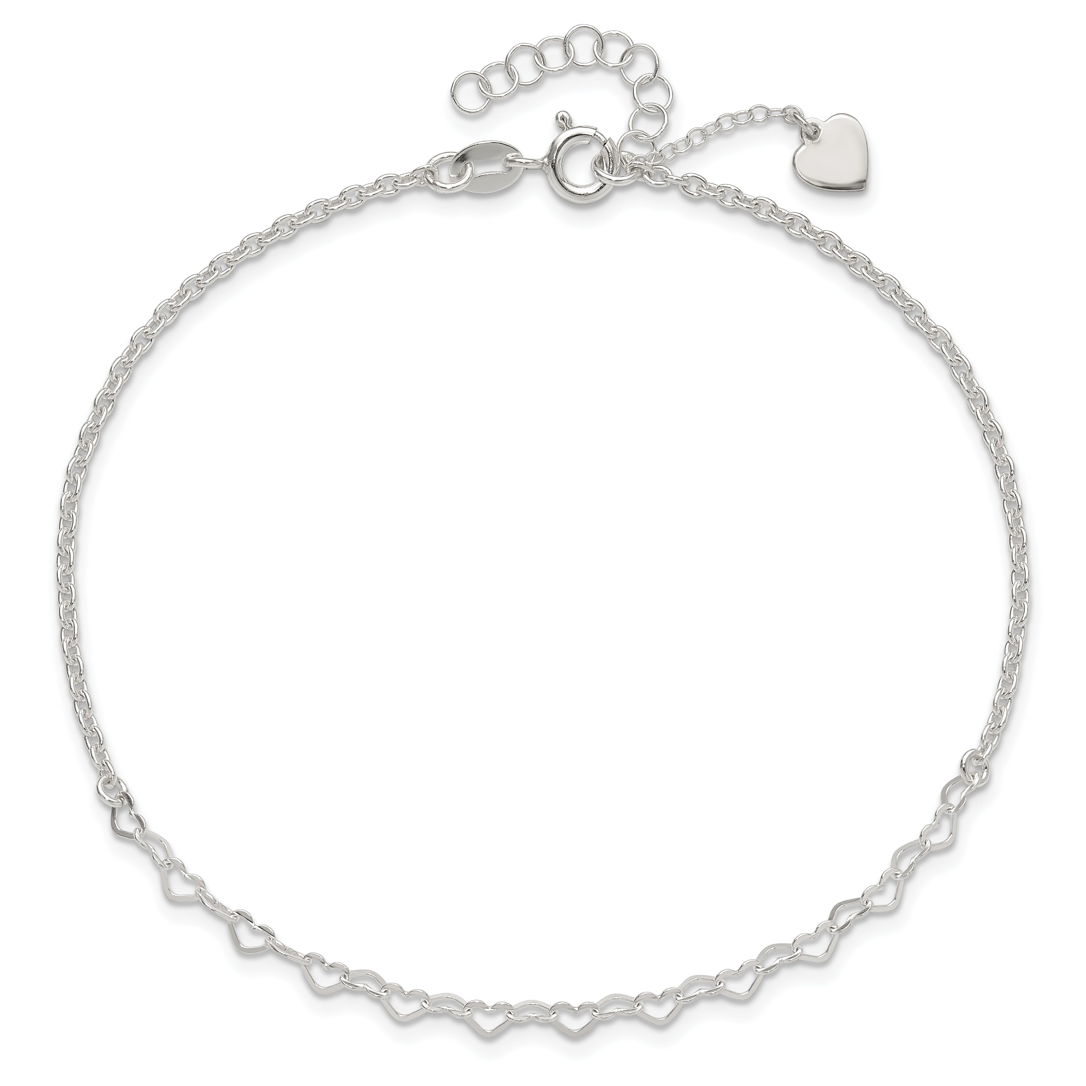 Sterling Silver Heart Charm 9In Plus 1In Ext. Anklet