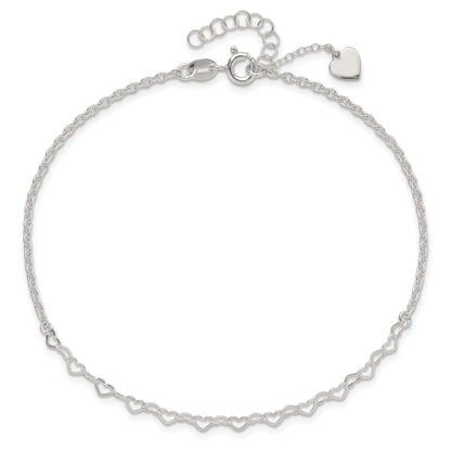 Sterling Silver Heart Charm 9In Plus 1In Ext. Anklet