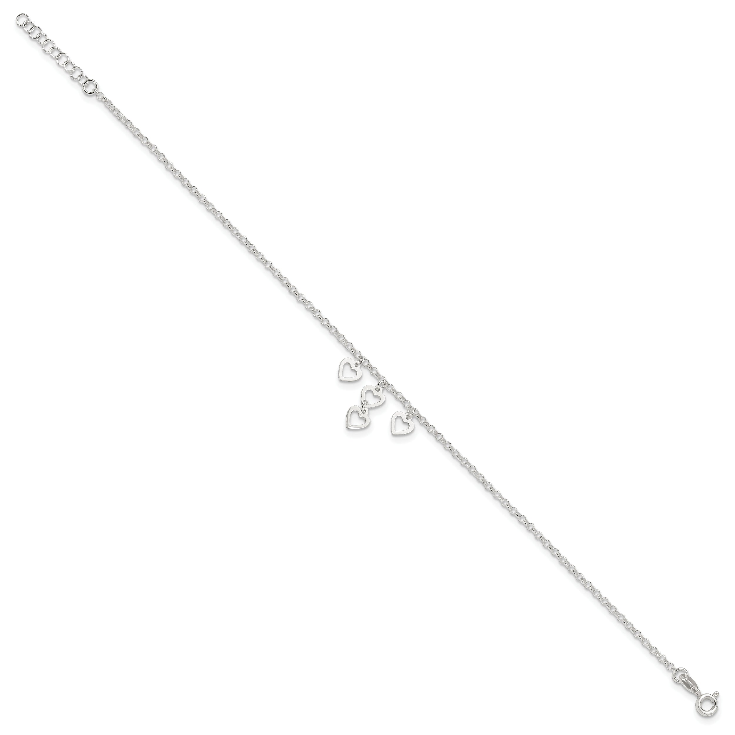 Sterling Silver Open Heart Dangles 9In Plus 1In Ext. Anklet