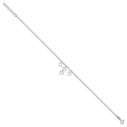 Sterling Silver Open Heart Dangles 9In Plus 1In Ext. Anklet
