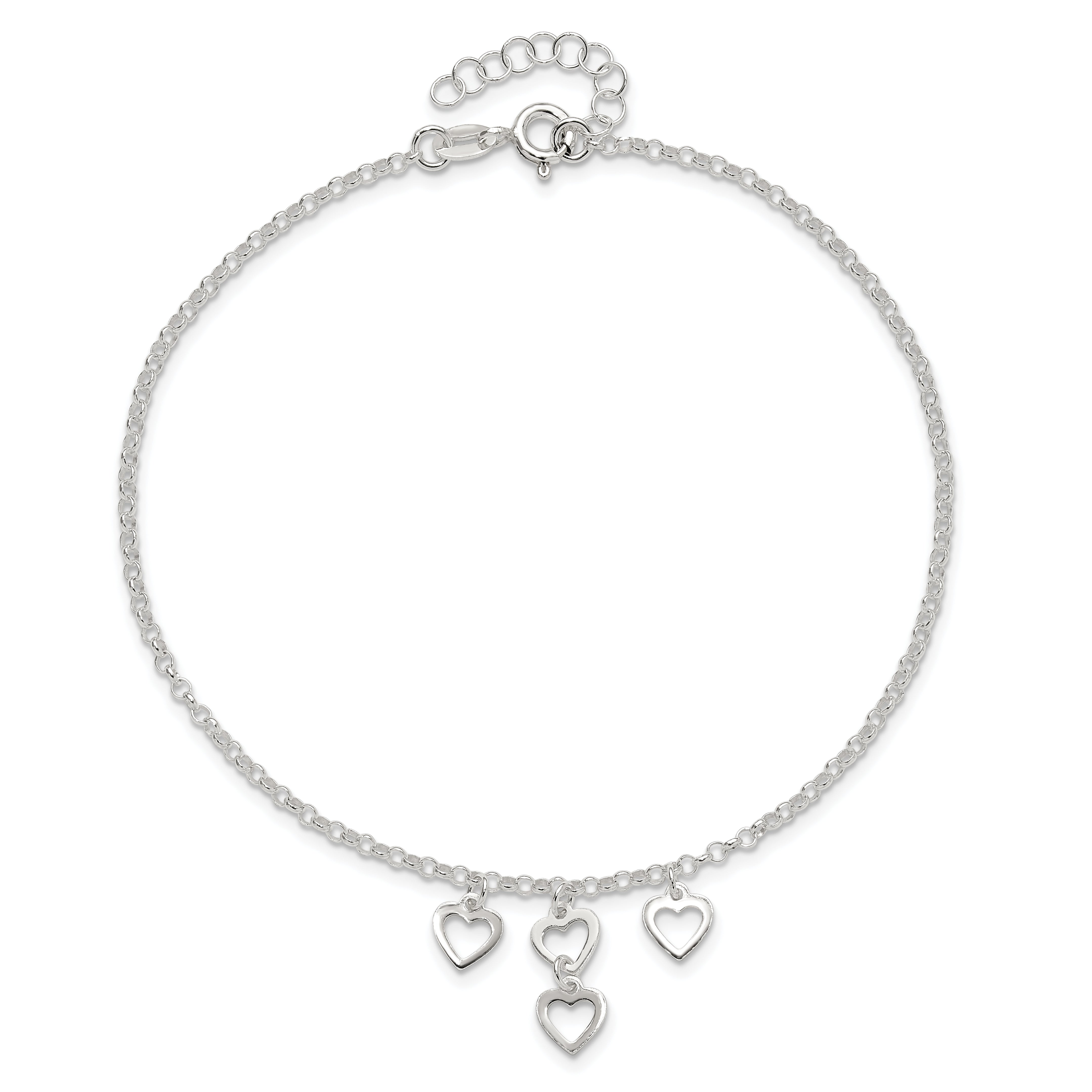 Sterling Silver Open Heart Dangles 9In Plus 1In Ext. Anklet