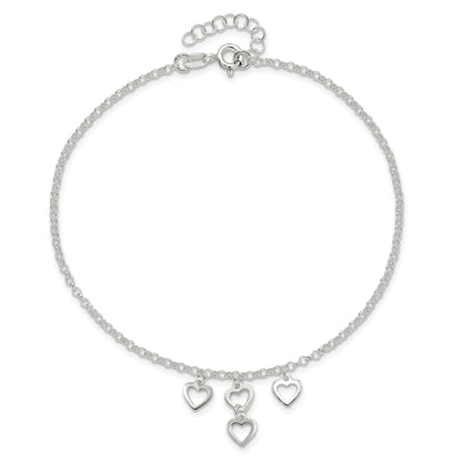 Sterling Silver Open Heart Dangles 9In Plus 1In Ext. Anklet
