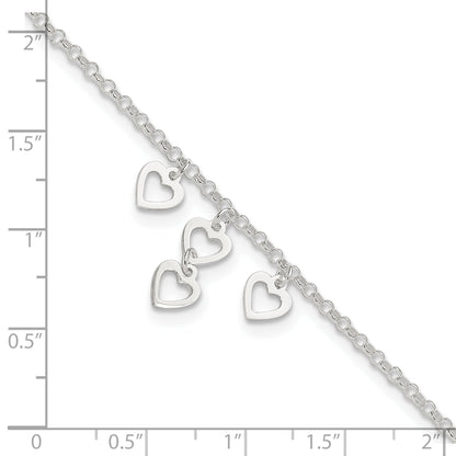 Sterling Silver Open Heart Dangles 9In Plus 1In Ext. Anklet