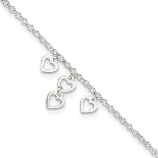 Sterling Silver Open Heart Dangles 9In Plus 1In Ext. Anklet