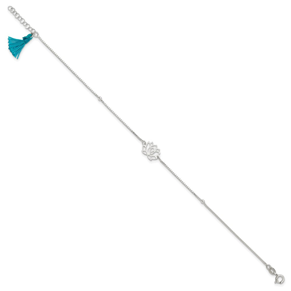 Sterling Silver Lotus With Blue Fabric Tassel 9In Plus 1In Ext. Anklet
