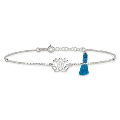 Sterling Silver Lotus With Blue Fabric Tassel 9In Plus 1In Ext. Anklet