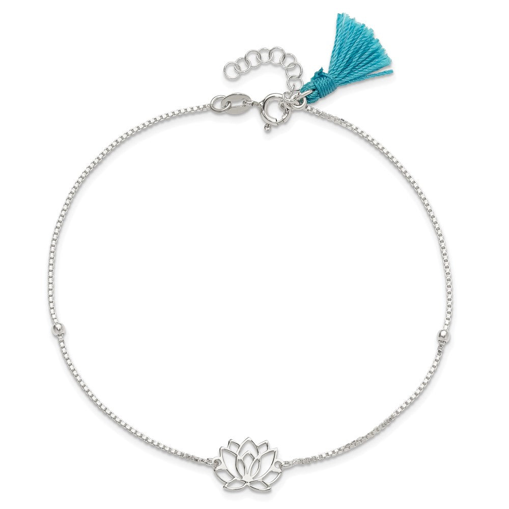 Sterling Silver Lotus With Blue Fabric Tassel 9In Plus 1In Ext. Anklet