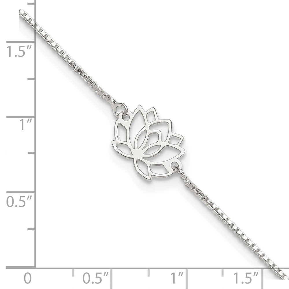 Sterling Silver Lotus With Blue Fabric Tassel 9In Plus 1In Ext. Anklet