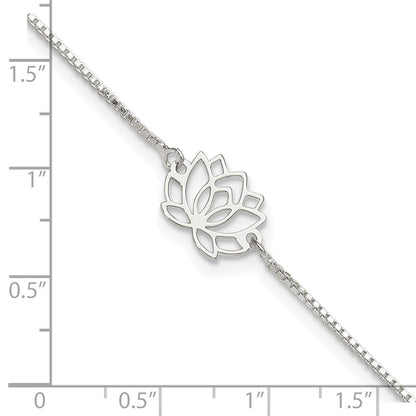 Sterling Silver Lotus With Blue Fabric Tassel 9In Plus 1In Ext. Anklet