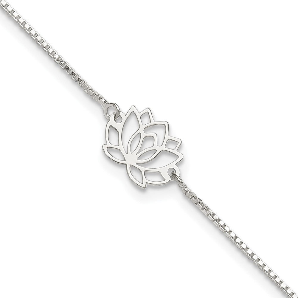 Sterling Silver Lotus With Blue Fabric Tassel 9In Plus 1In Ext. Anklet