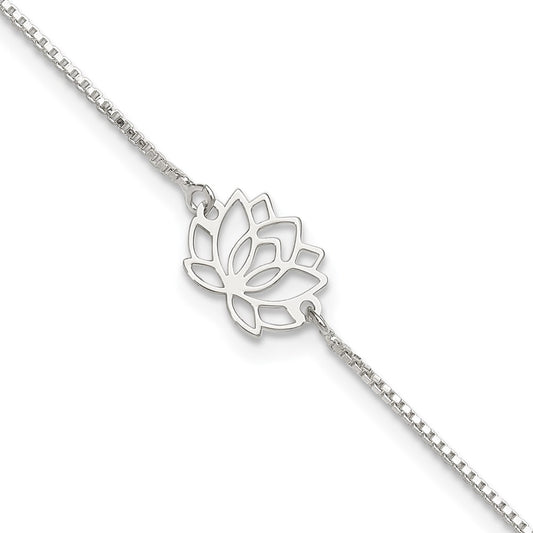 Sterling Silver Lotus With Blue Fabric Tassel 9In Plus 1In Ext. Anklet