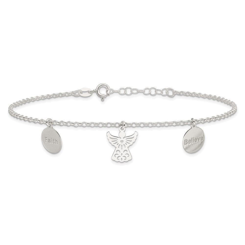 Sterling Silver Faith, Believe And Angel Dangles 9In Plus 1In Ext. Anklet