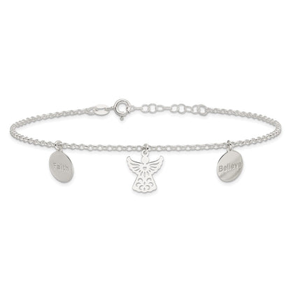 Sterling Silver Faith, Believe And Angel Dangles 9In Plus 1In Ext. Anklet