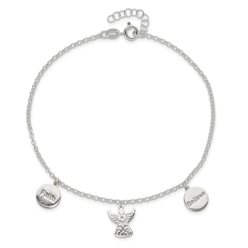 Sterling Silver Faith, Believe And Angel Dangles 9In Plus 1In Ext. Anklet