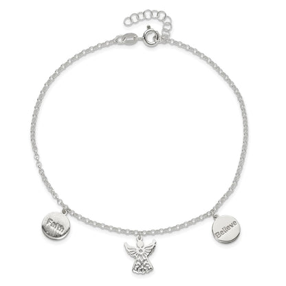 Sterling Silver Faith, Believe And Angel Dangles 9In Plus 1In Ext. Anklet