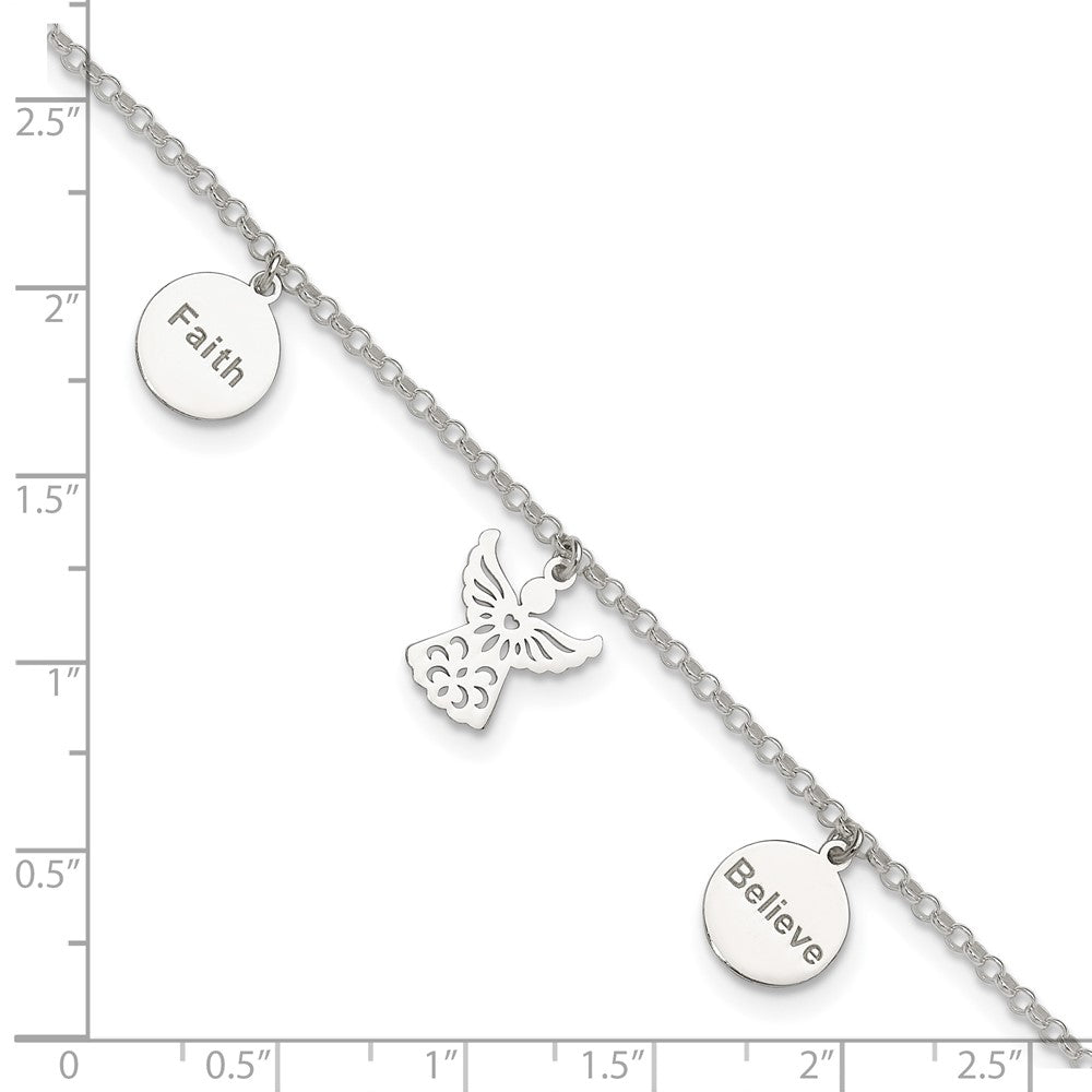 Sterling Silver Faith, Believe And Angel Dangles 9In Plus 1In Ext. Anklet