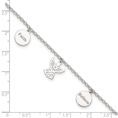 Sterling Silver Faith, Believe And Angel Dangles 9In Plus 1In Ext. Anklet