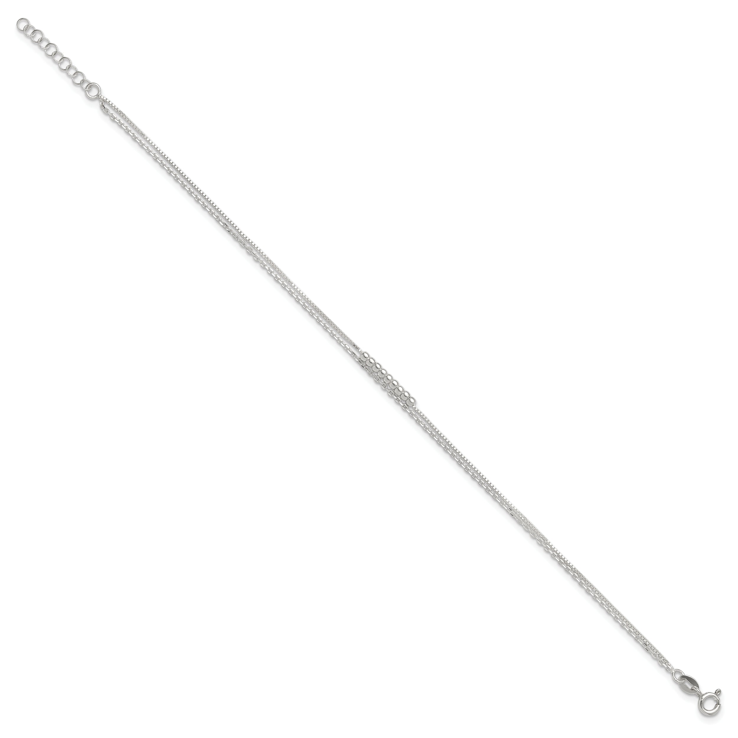 Sterling Silver 2-Strand Beaded 9In Plus 1In Ext. Anklet