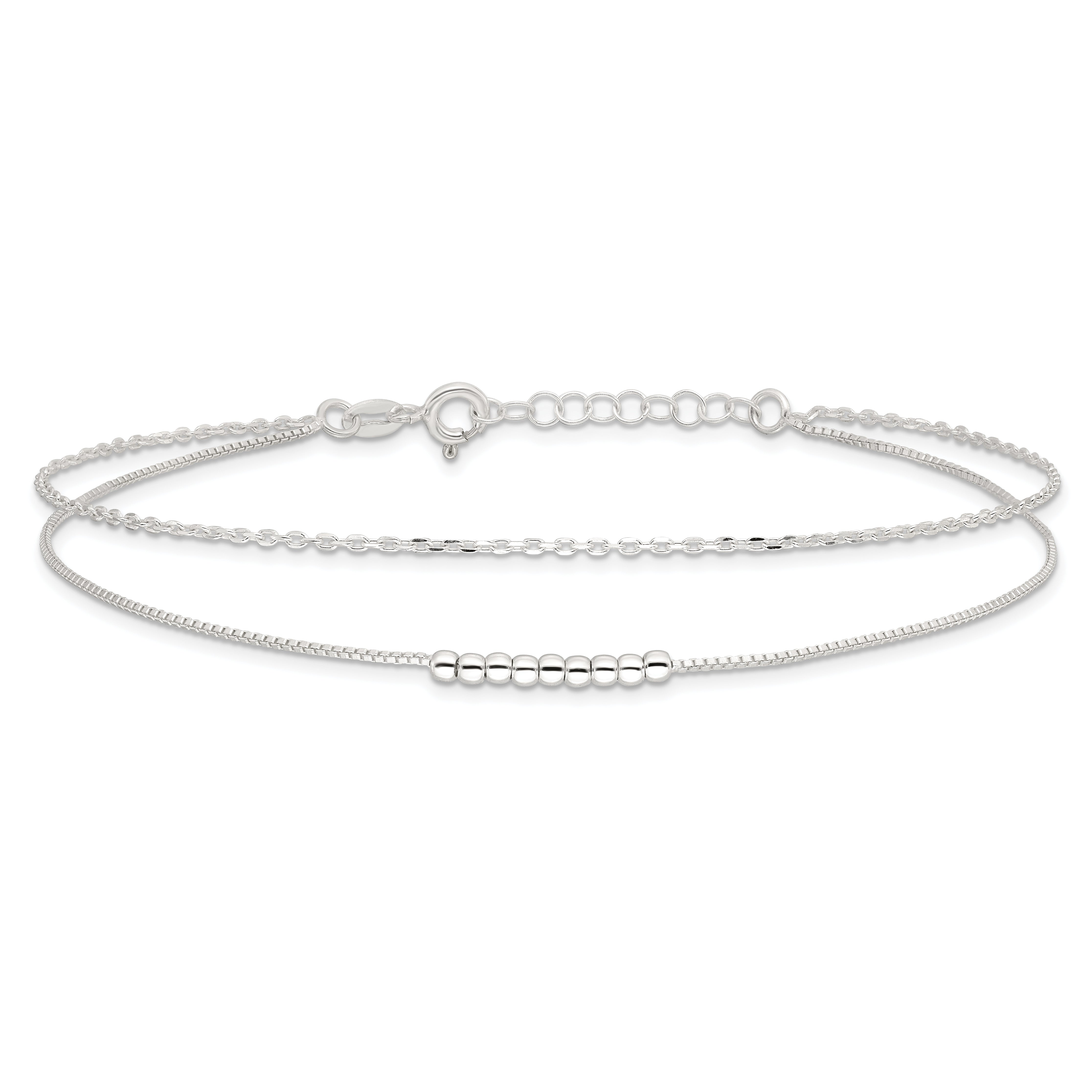 Sterling Silver 2-Strand Beaded 9In Plus 1In Ext. Anklet