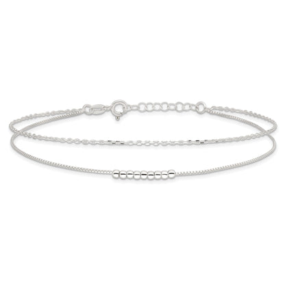 Sterling Silver 2-Strand Beaded 9In Plus 1In Ext. Anklet