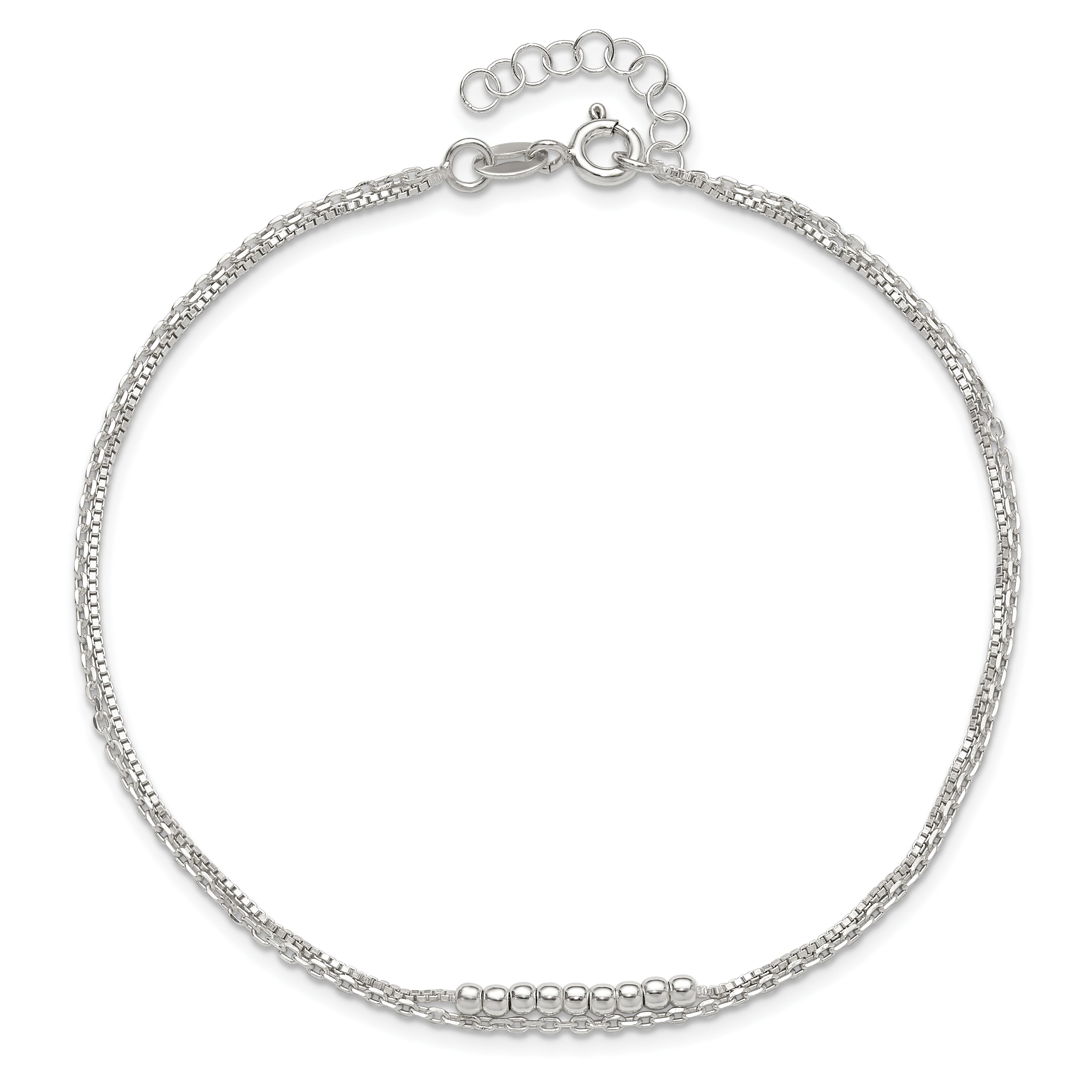 Sterling Silver 2-Strand Beaded 9In Plus 1In Ext. Anklet