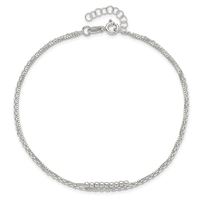 Sterling Silver 2-Strand Beaded 9In Plus 1In Ext. Anklet