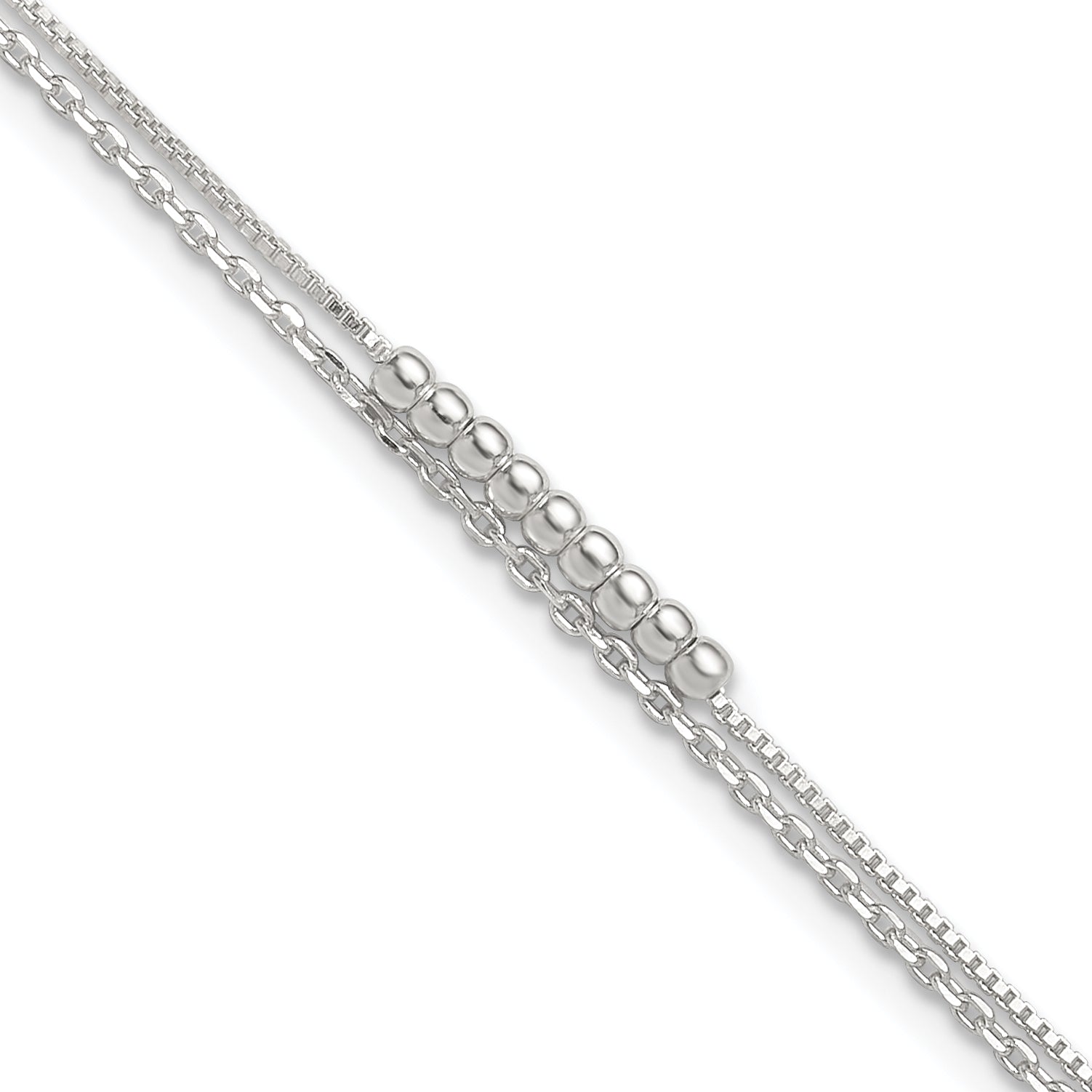 Sterling Silver 2-Strand Beaded 9In Plus 1In Ext. Anklet