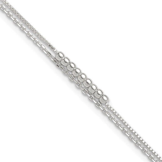 Sterling Silver 2-Strand Beaded 9In Plus 1In Ext. Anklet