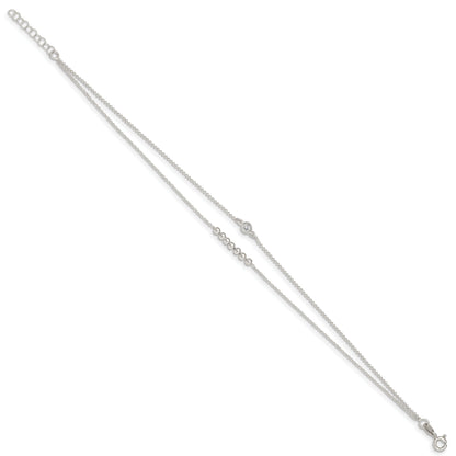 Sterling Silver 2-Strand Beaded Cz 9In Plus 1In Ext. Anklet
