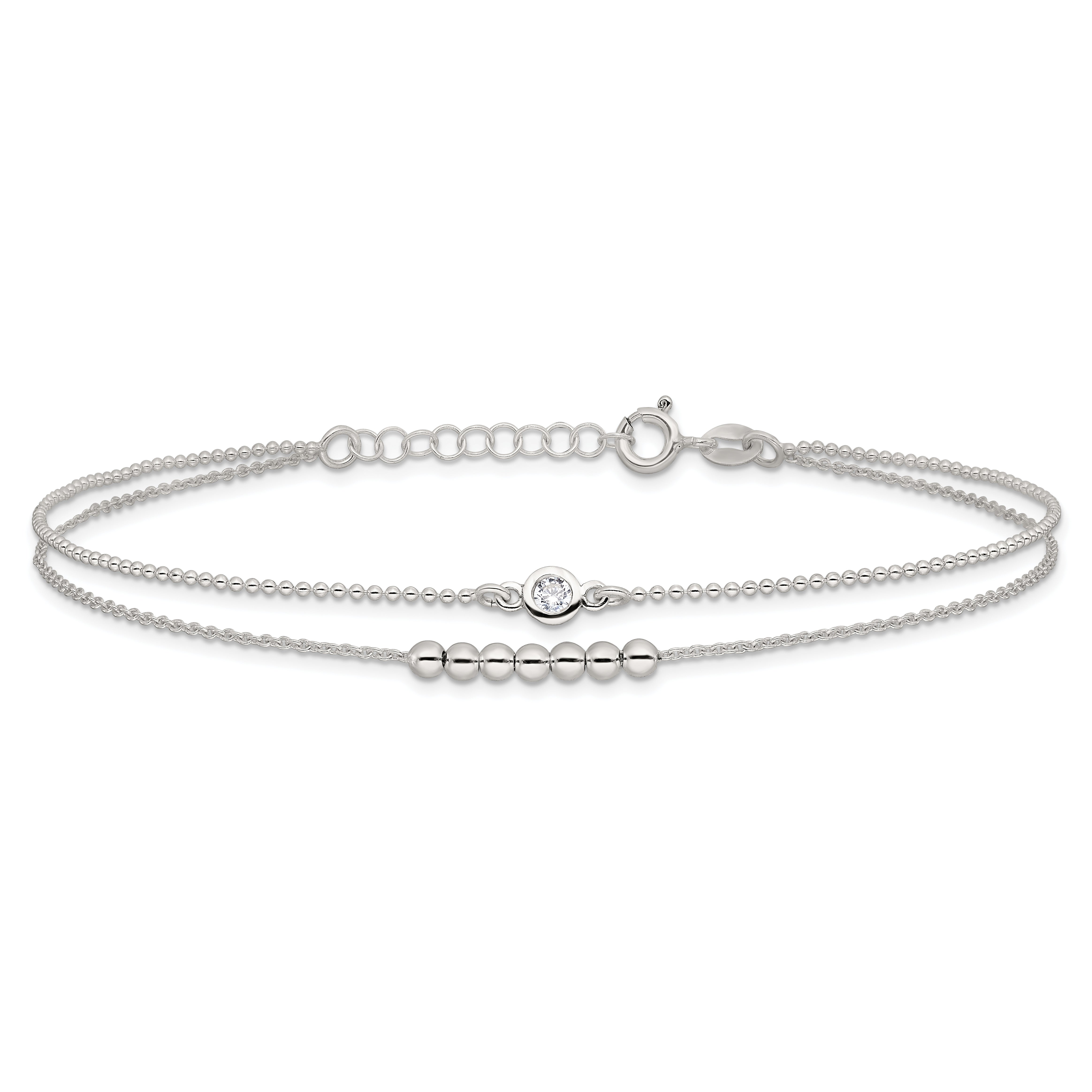 Sterling Silver 2-Strand Beaded Cz 9In Plus 1In Ext. Anklet