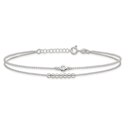 Sterling Silver 2-Strand Beaded Cz 9In Plus 1In Ext. Anklet