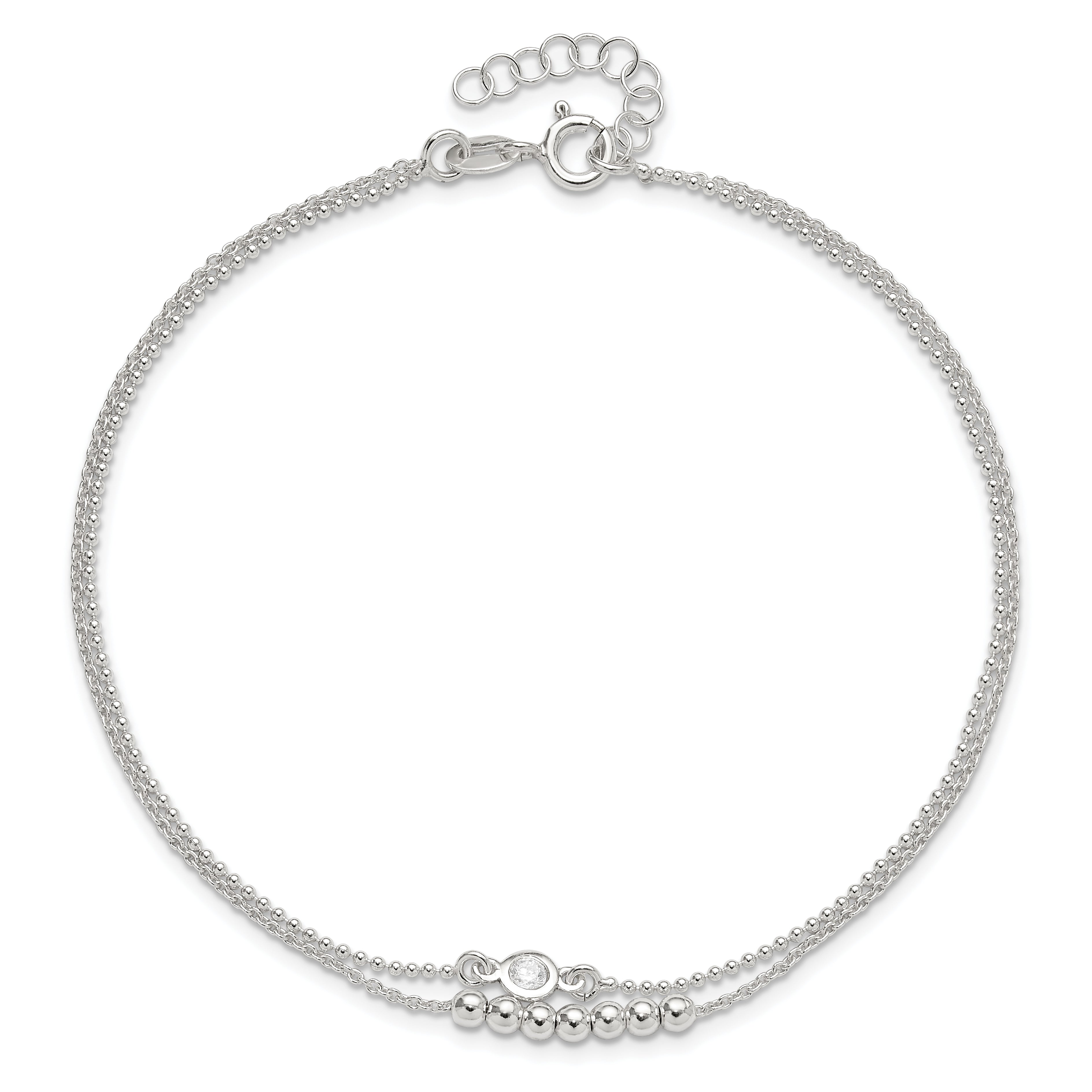 Sterling Silver 2-Strand Beaded Cz 9In Plus 1In Ext. Anklet
