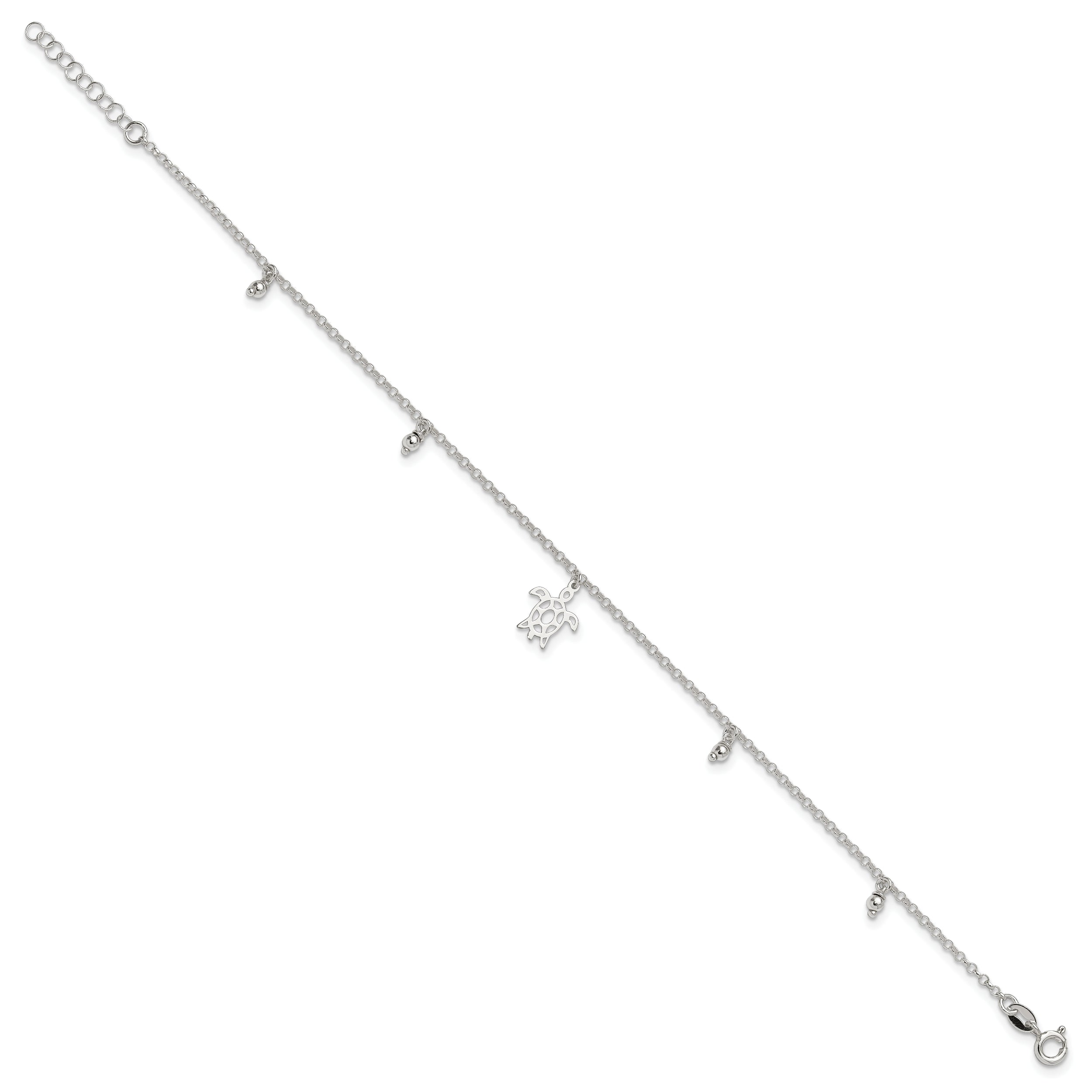 Sterling Silver Turtle Dangle Beads 9In Plus 1In Ext. Anklet