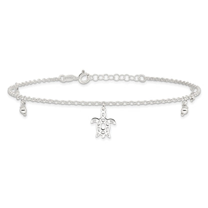 Sterling Silver Turtle Dangle Beads 9In Plus 1In Ext. Anklet