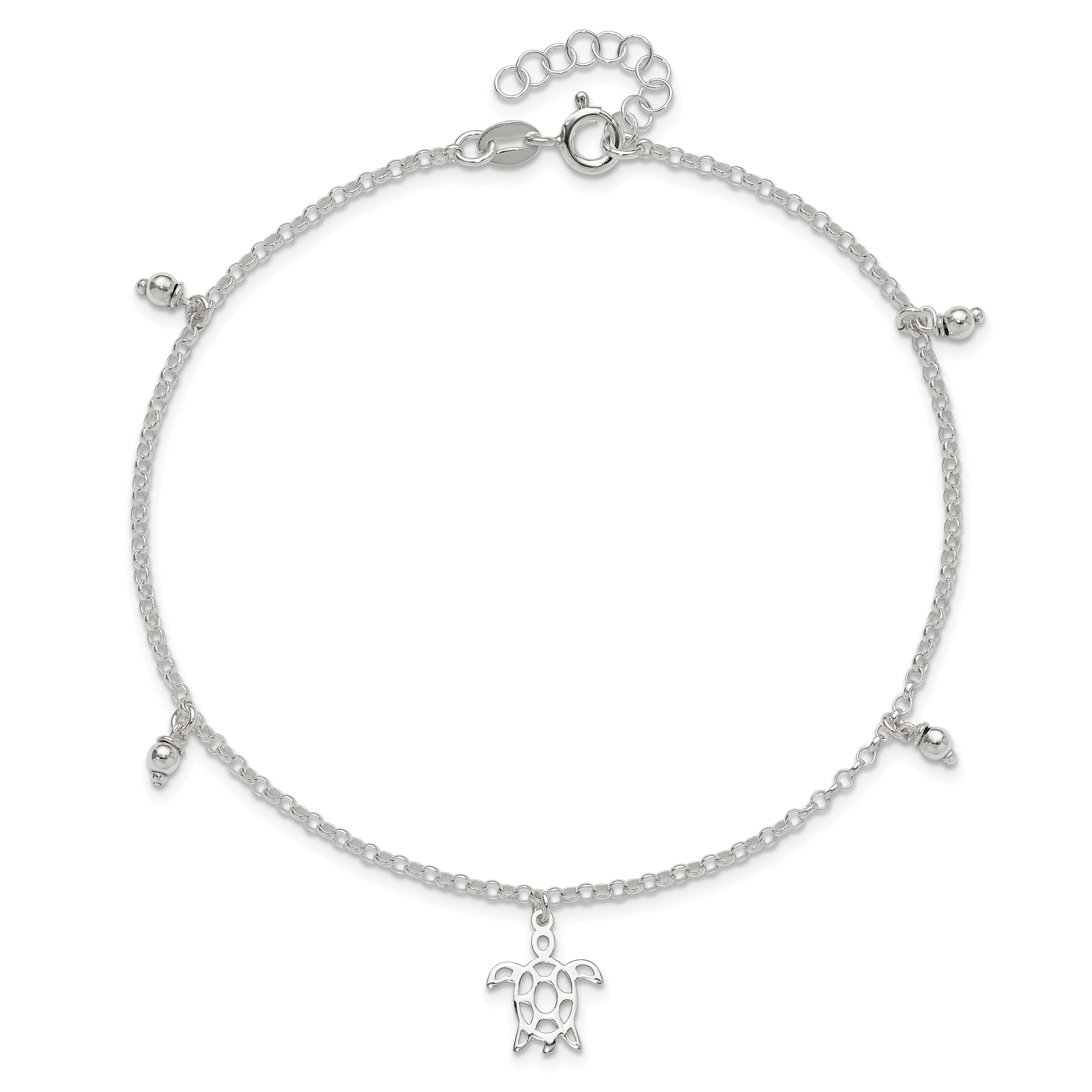 Sterling Silver Turtle Dangle Beads 9In Plus 1In Ext. Anklet