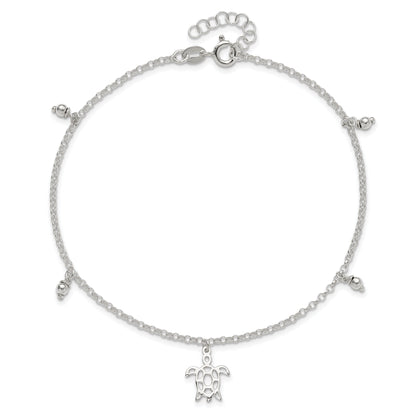 Sterling Silver Turtle Dangle Beads 9In Plus 1In Ext. Anklet