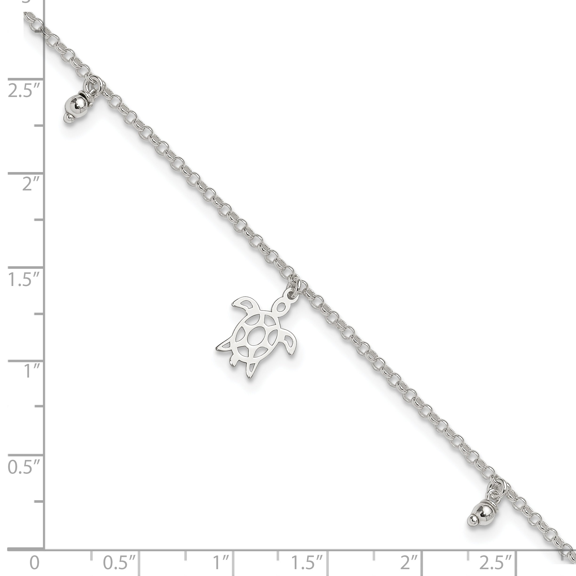 Sterling Silver Turtle Dangle Beads 9In Plus 1In Ext. Anklet