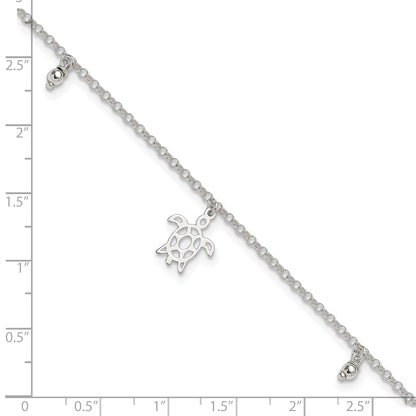 Sterling Silver Turtle Dangle Beads 9In Plus 1In Ext. Anklet