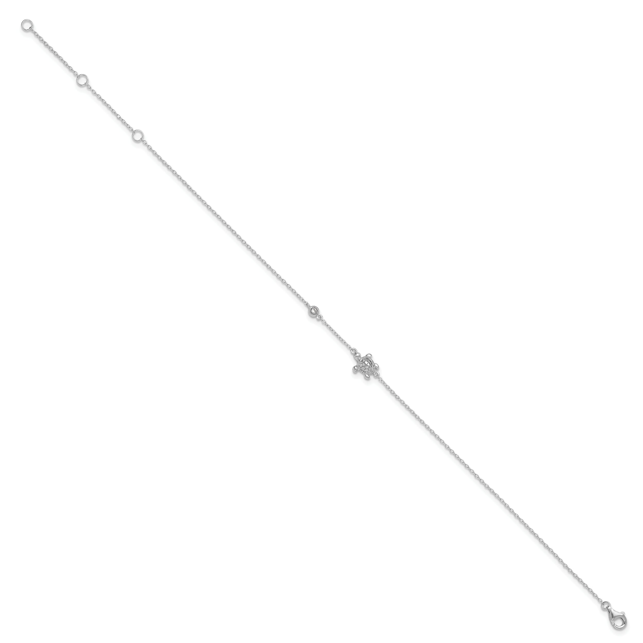 Sterling Silver Rhodium-Plated Polished Cz Turtle 9 Inch With A 2 Extention Anklet