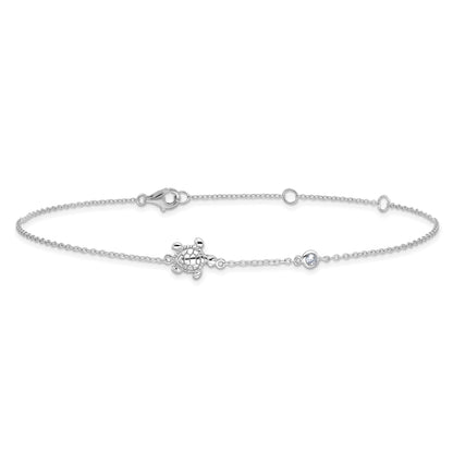 Sterling Silver Rhodium-Plated Polished Cz Turtle 9 Inch With A 2 Extention Anklet