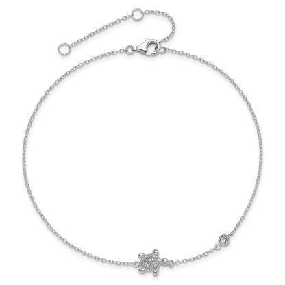 Sterling Silver Rhodium-Plated Polished Cz Turtle 9 Inch With A 2 Extention Anklet