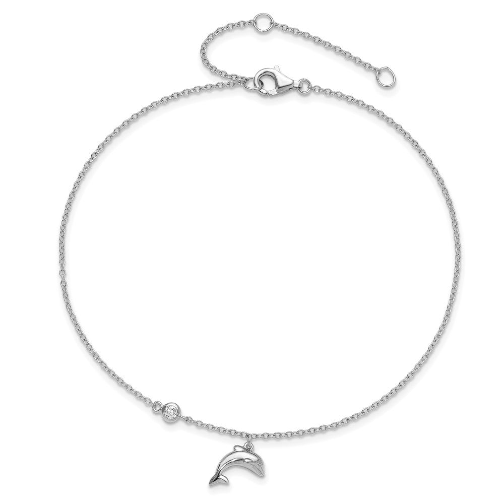 Sterling Silver Rhodium-Plated Polished Cz Dolphin 9 Inch With A 2 Extention Anklet