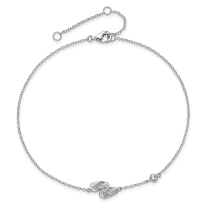 Sterling Silver Rhodium-Plated Polished Cz Flip Flops 9 Inch With A 2 Extention Anklet