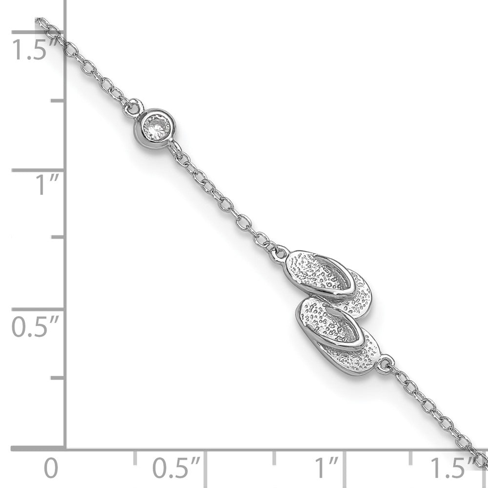 Sterling Silver Rhodium-Plated Polished Cz Flip Flops 9 Inch With A 2 Extention Anklet
